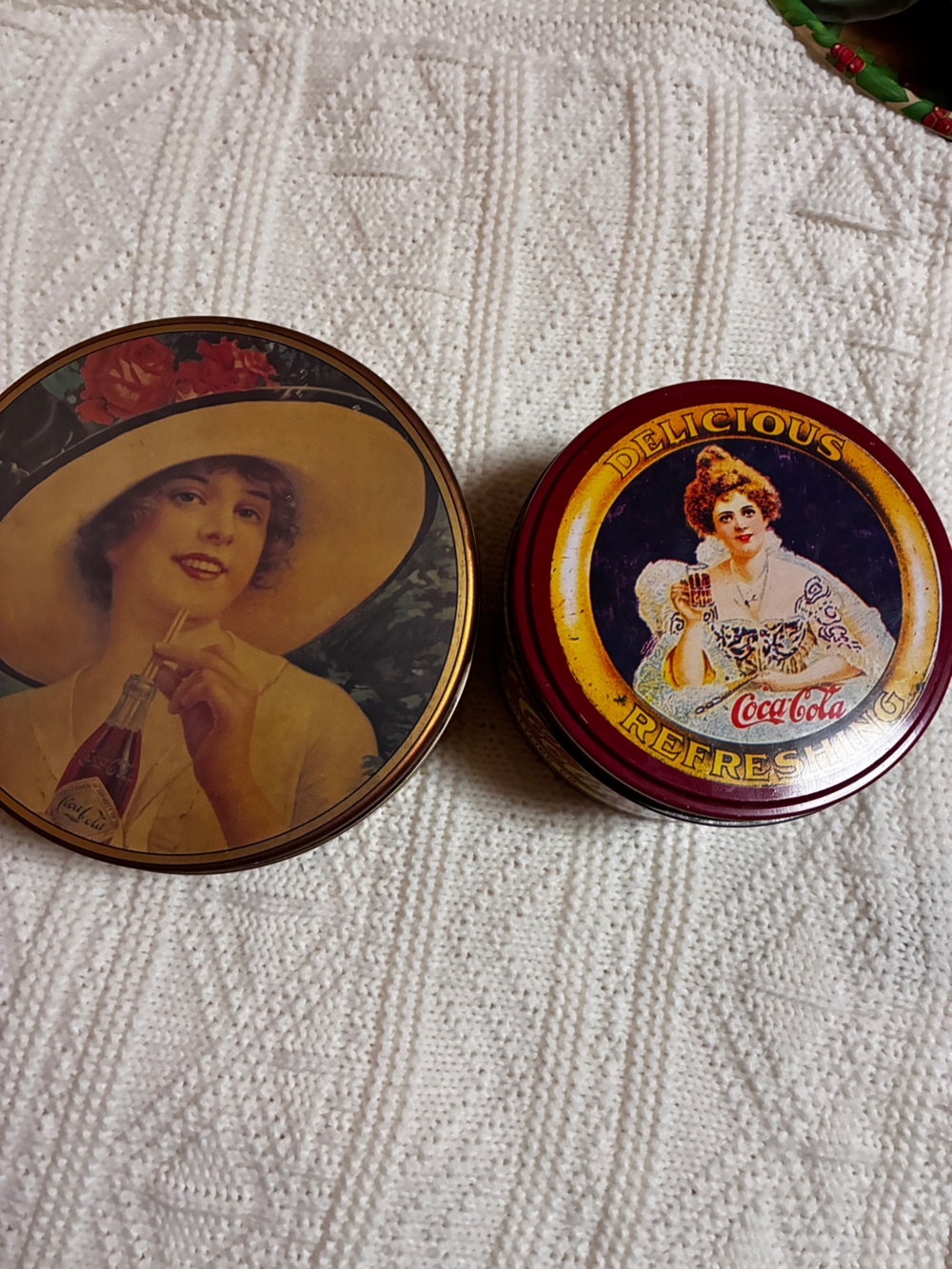 Coca Cola Decorative Round Tins in Red vintage Lady Artwork